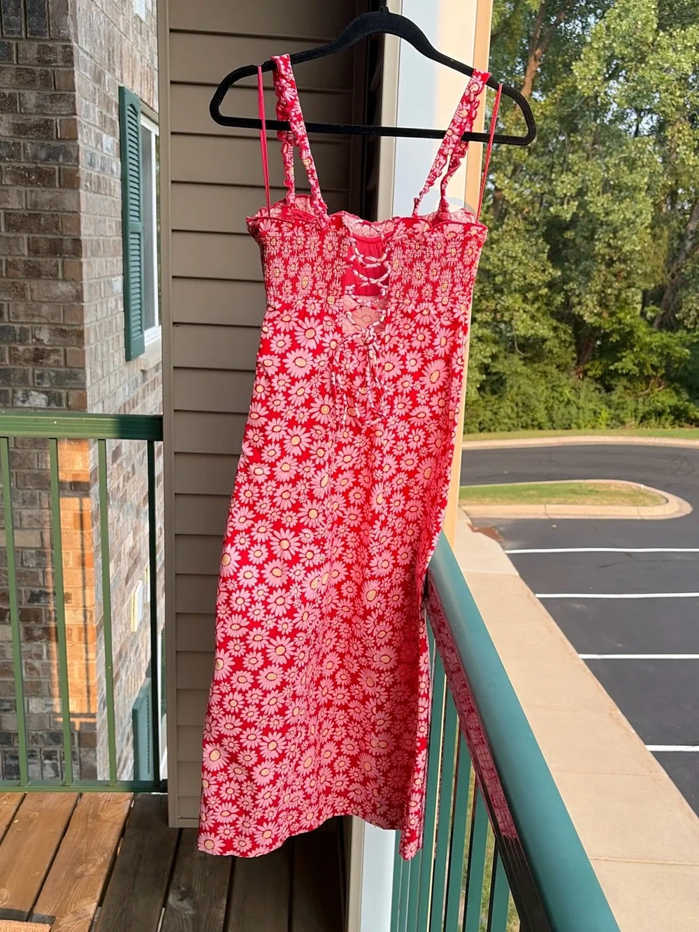 🆕🌺 Free People Tomato Daisy Floral Lace-Up Smocked Midi Dress Red S Casual Chic